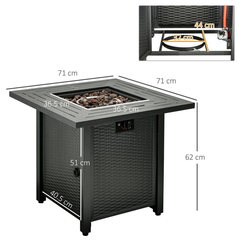 Square Propane Gas Fire Pit Table Rattan Smokeless Patio Heater Lava Rocks & Lid