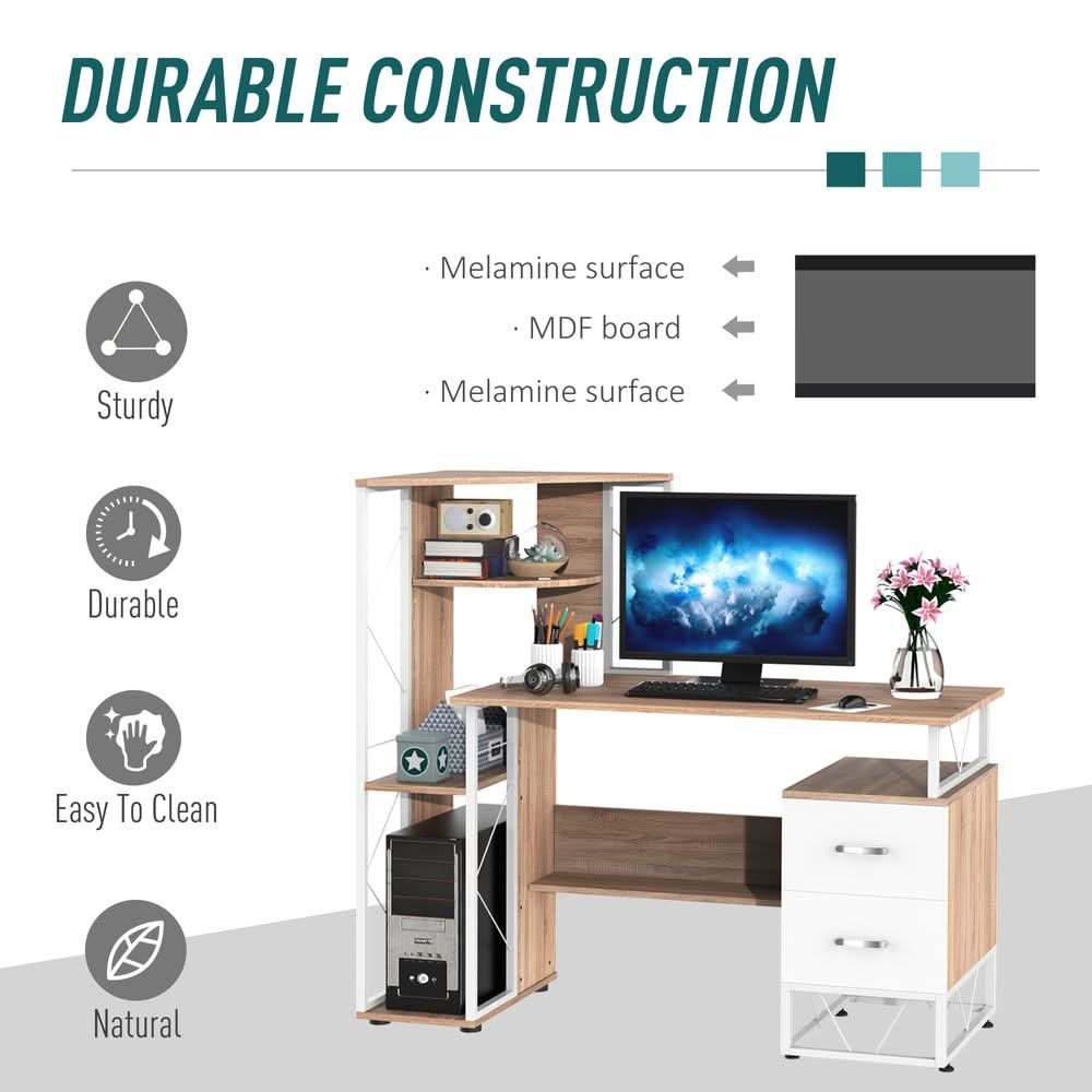 Workstation Computer Writing Desk W/2 Drawers Multi-Shelves-Oak/White