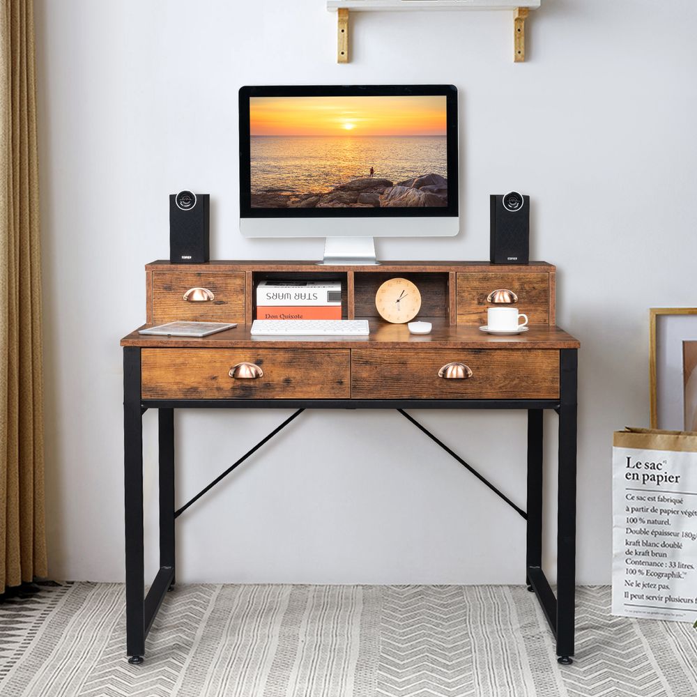 Old Wood Table Top Black Steel Frame Particle Board Two Small Drawers Two Large Drawers Computer Desk Can Be Used For Study Desk