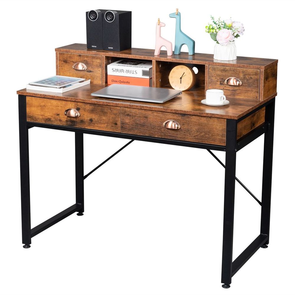 Old Wood Table Top Black Steel Frame Particle Board Two Small Drawers Two Large Drawers Computer Desk Can Be Used For Study Desk