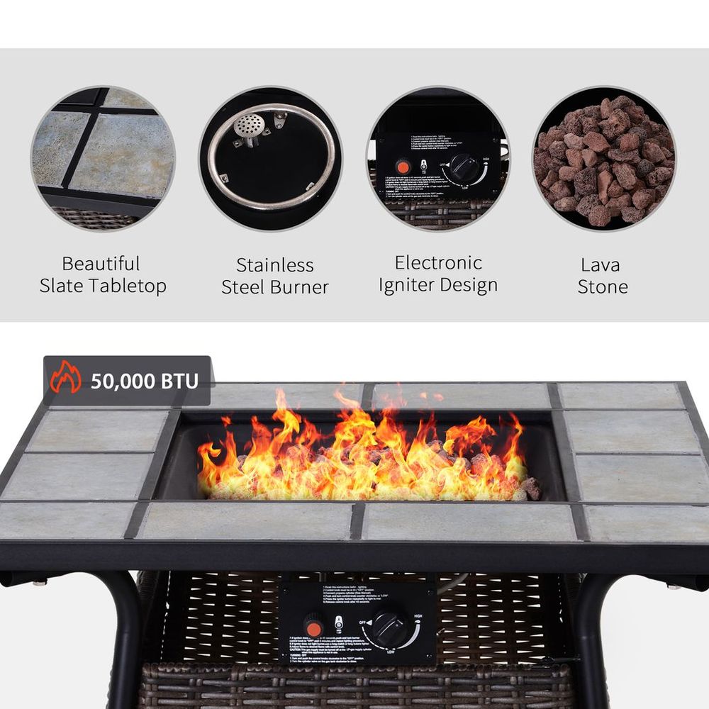 Rattan Fire Pit Square Patio Heater w/ Fire Control Panel for Outdoor