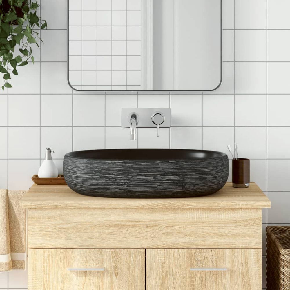 Countertop Basin Grey and Black Oval 59x40x14 cm Ceramic