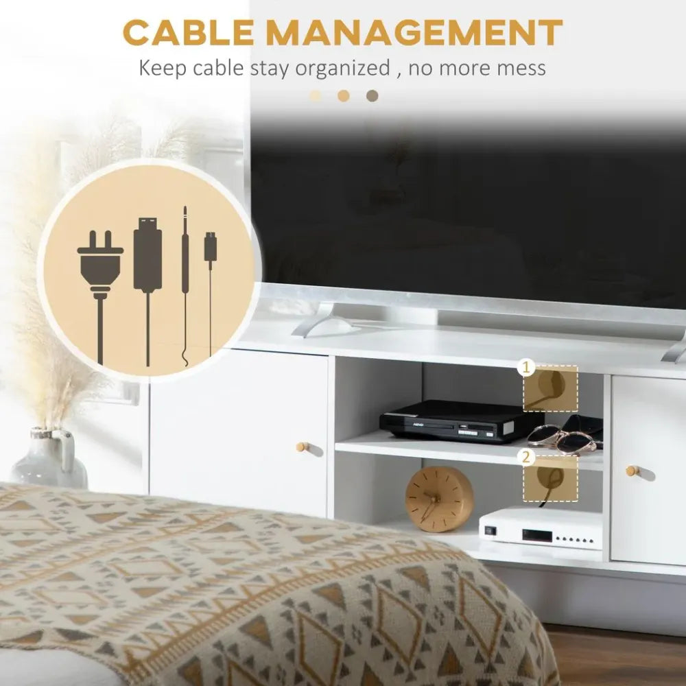 TV Stand Cabinet with Cable Management and Wood Legs Living Room, White