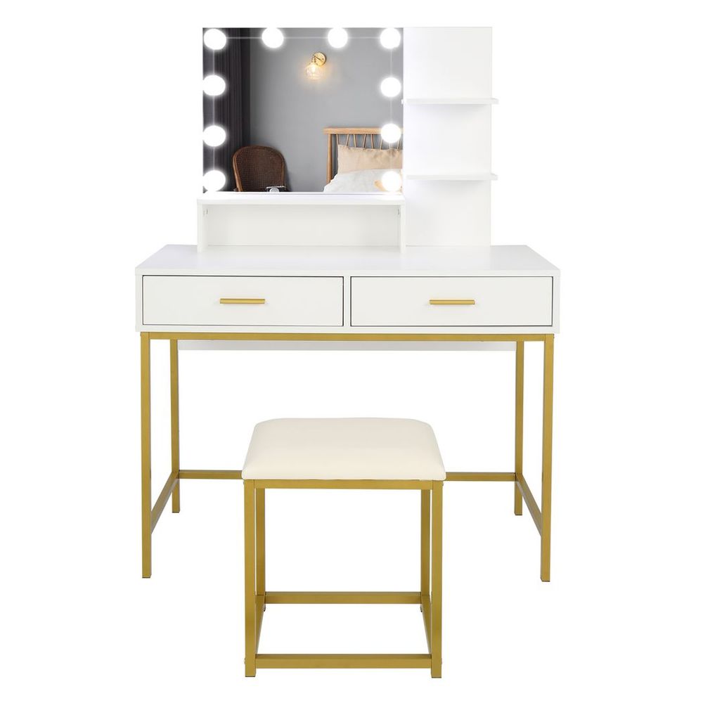 Large Vanity Set with 10 LED Bulbs, Makeup Table with Cushioned Stool, 3 Storage Shelves 2 Drawers, Dressing Table Dresser Desk for Women, Girls, Bedroom, White