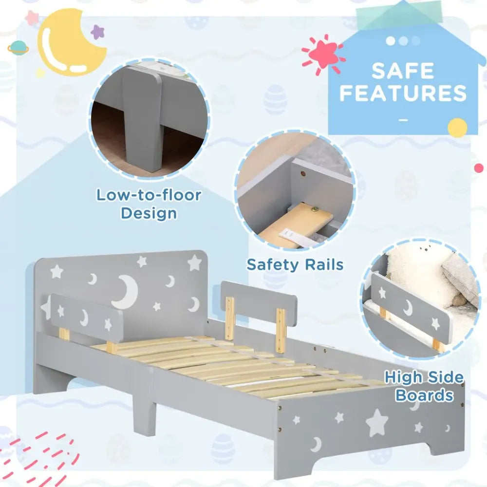 Kids Toddler Bed w/ Star and Moon Patterns, for Ages 3-6 Years - Grey