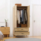 2 Door Wardrobe, Modern Wardrobe w/ 2 Drawer, Hanging Rail for Bedroom Natural