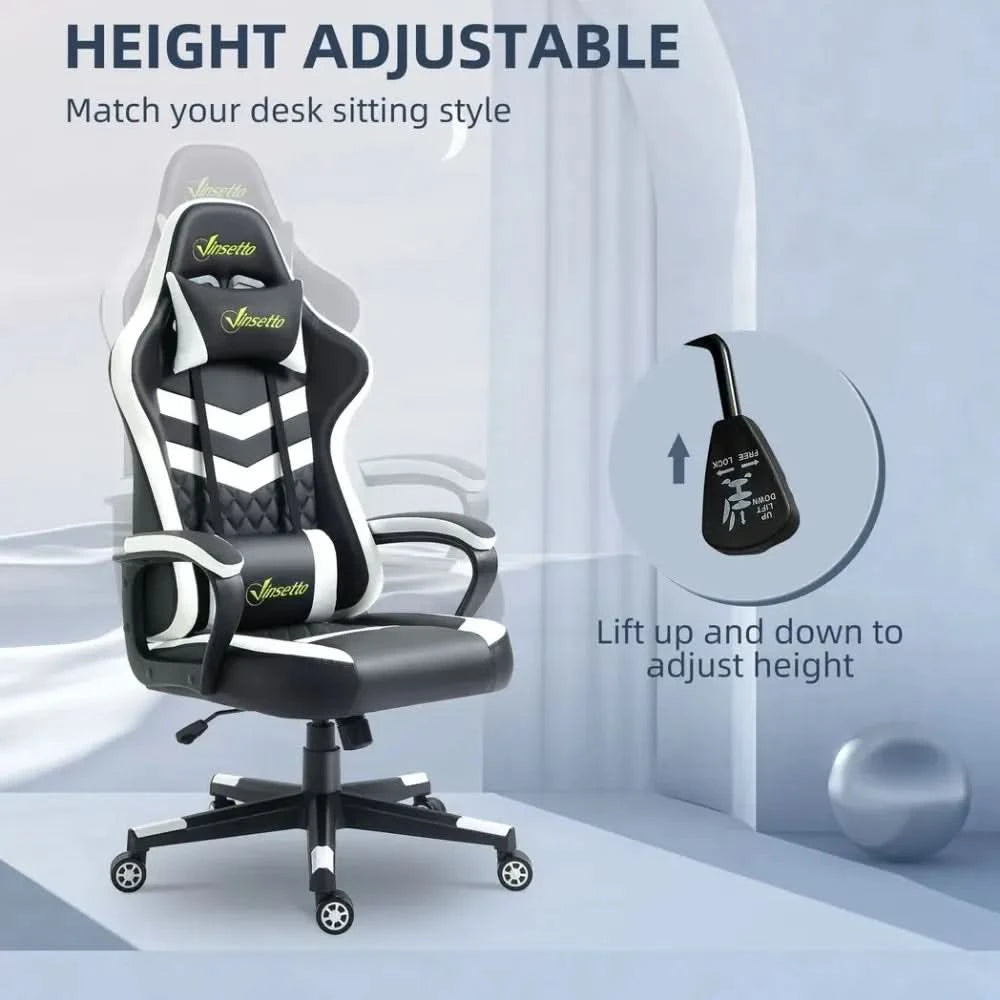 Racing Gaming Chair w/ Lumbar Support, Headrest, Gamer Office Chair, Black White