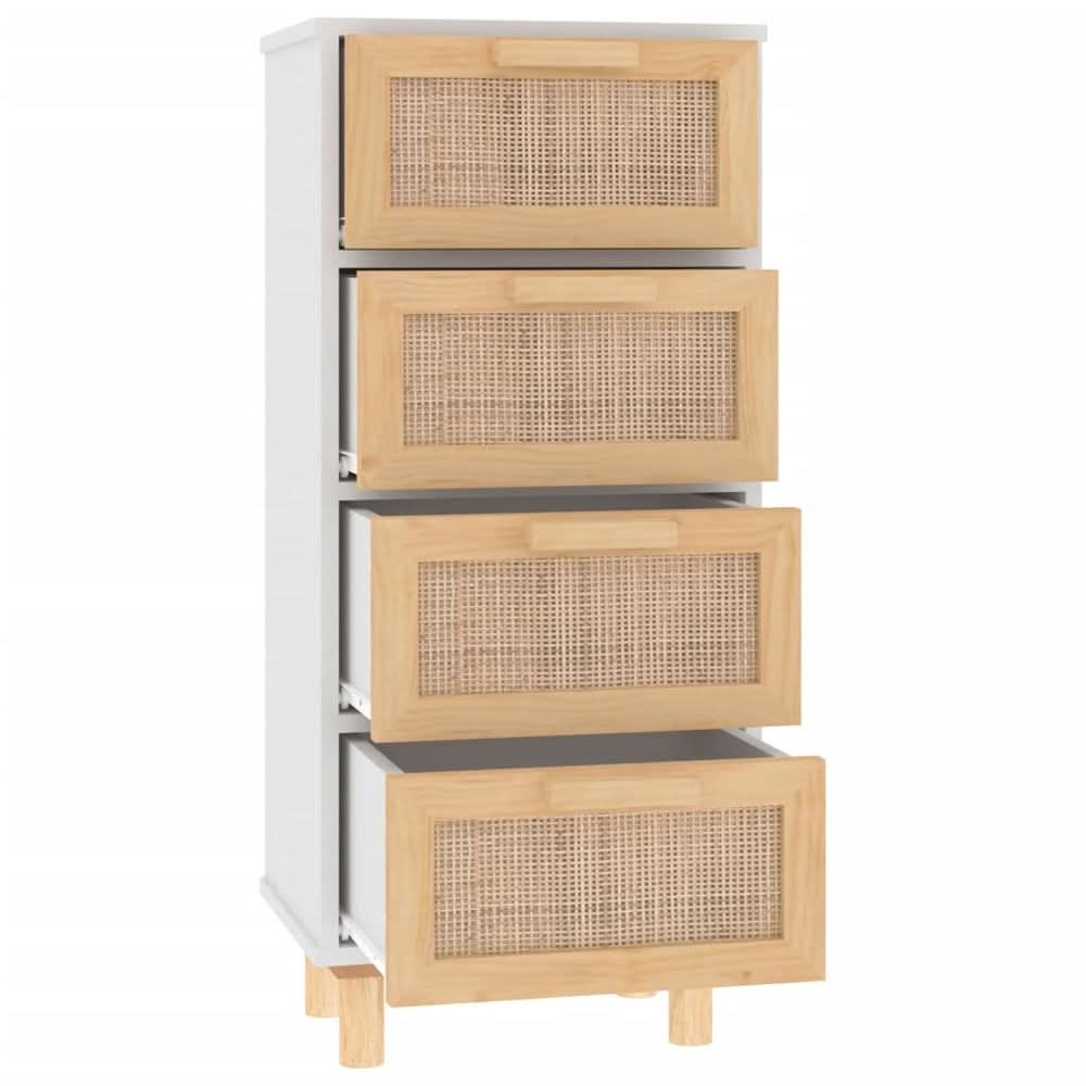 Sideboard White 40x30x90 cm Solid Wood Pine and Natural Rattan