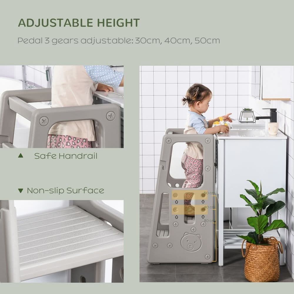 Kids Step Stool Adjustable Standing Platform Toddler Kitchen Stool Grey